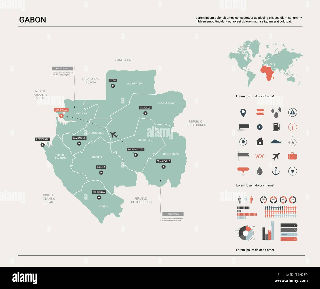 Vektorkarte von Gabun. Hoch detaillierte Landkarte mit Abteilung, Städten und der Hauptstadt Libreville. Politische Landkarte, Weltkarte, infografik Elemente. Stock Vektor