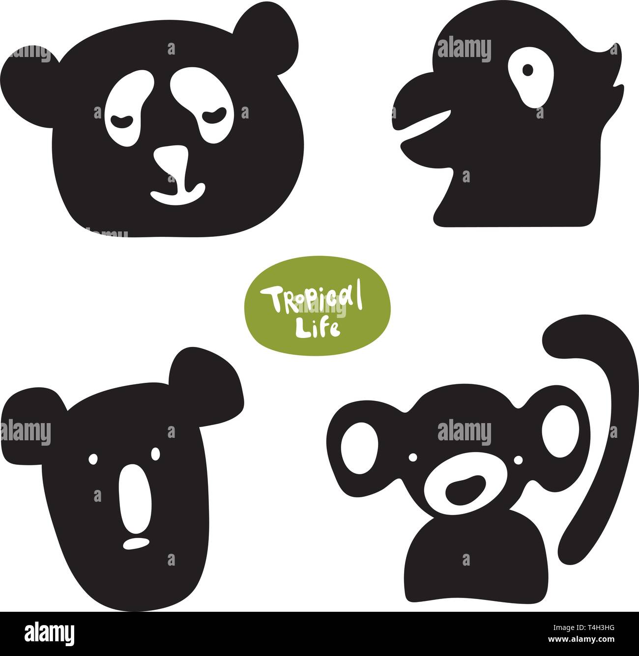 Vektorsatz von Skizzen von lustigen Doodle, handgezeichneten Tieren. Affe, Koala, Panda, Papageienvektor isolierte Silhouetten auf weißem Hintergrund Stock Vektor