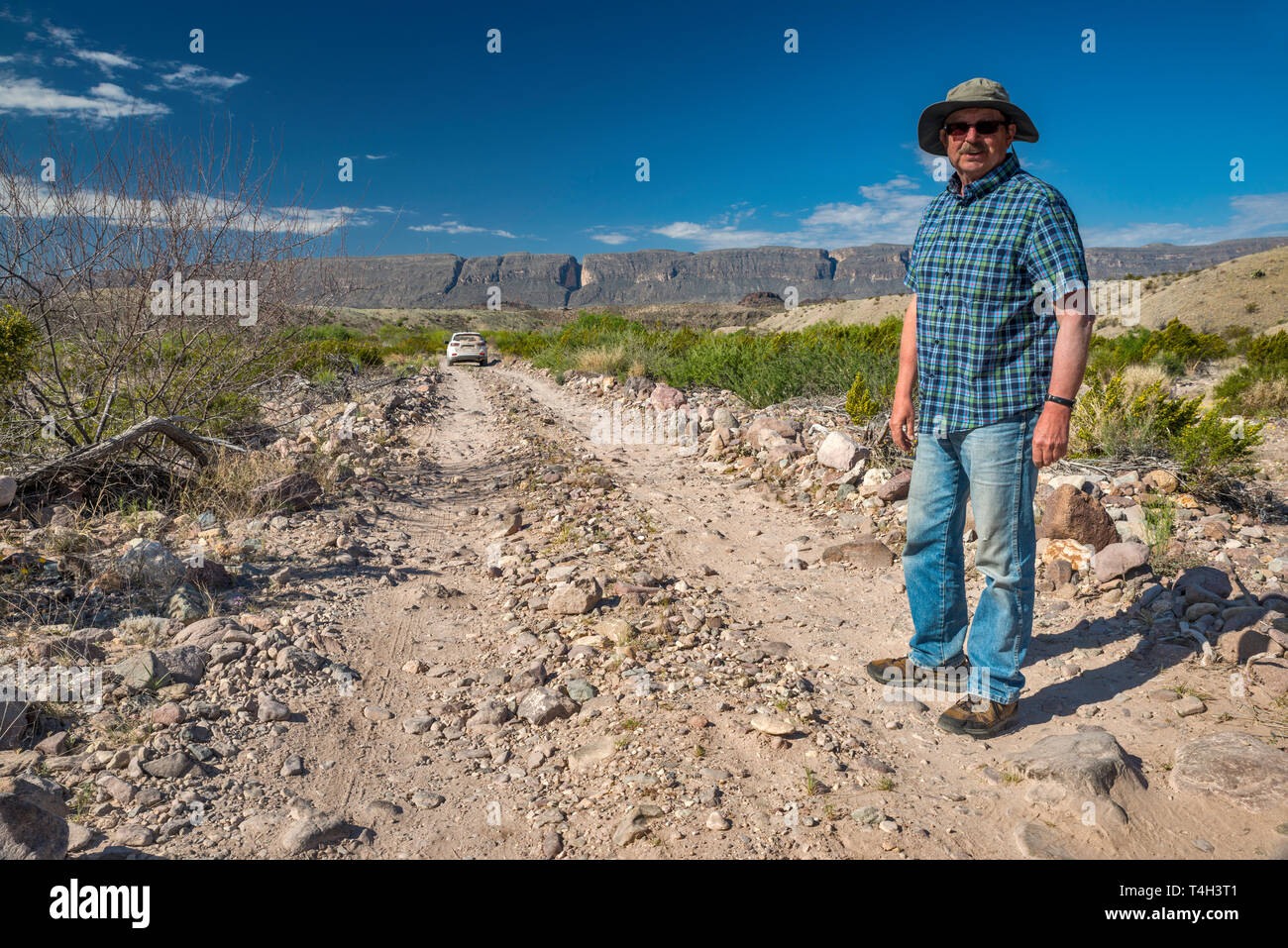 Älterer Reisender, Fahrzeug an der River Road, Sierra Ponce Mesa in Mexiko im Abstand, Chihuahuan Wüste Grenzland, Big Bend National Park, Texas, USA Stockfoto