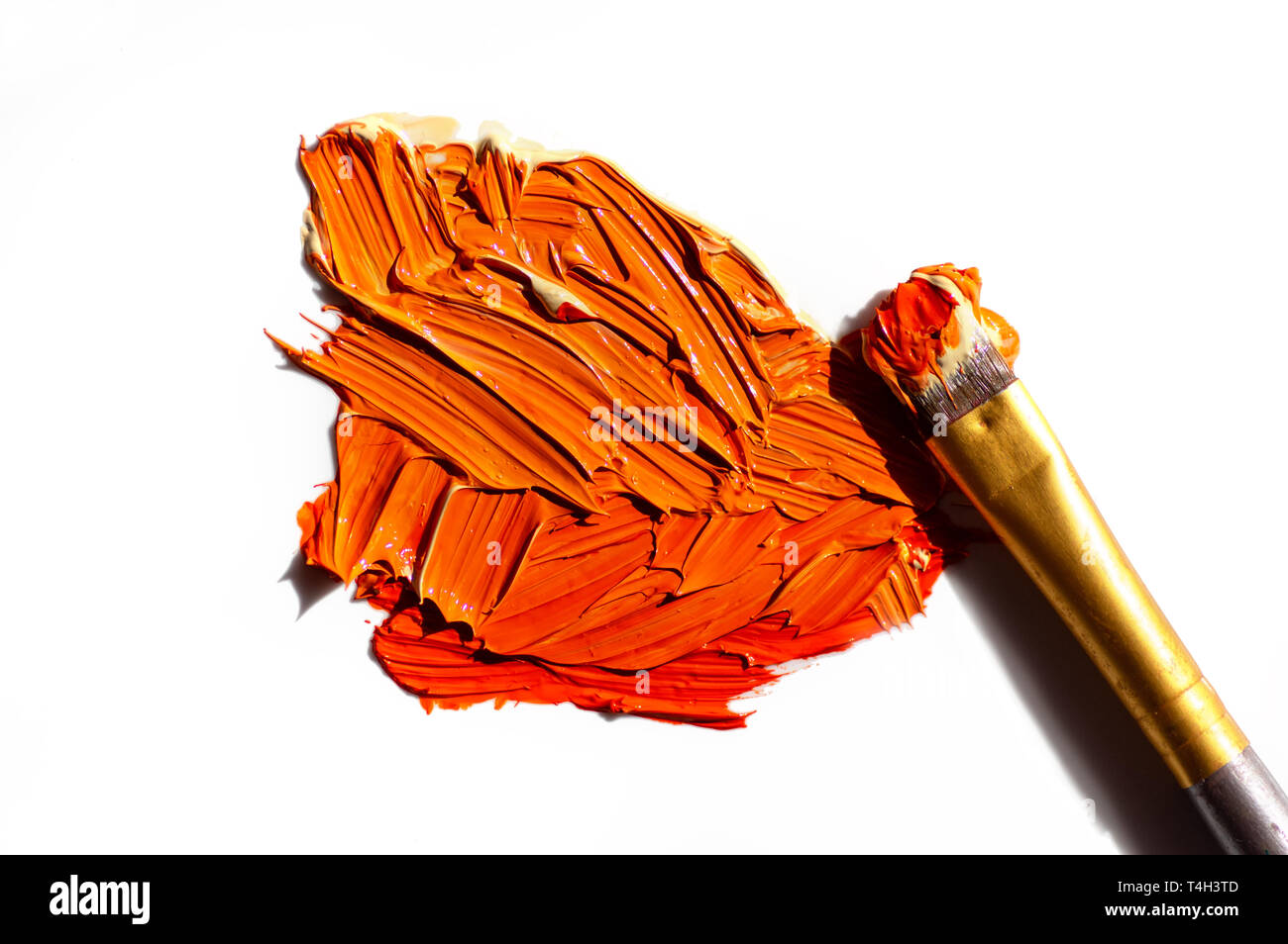 Orange öl Farbe und Pinsel auf weißem Hintergrund Stockfoto