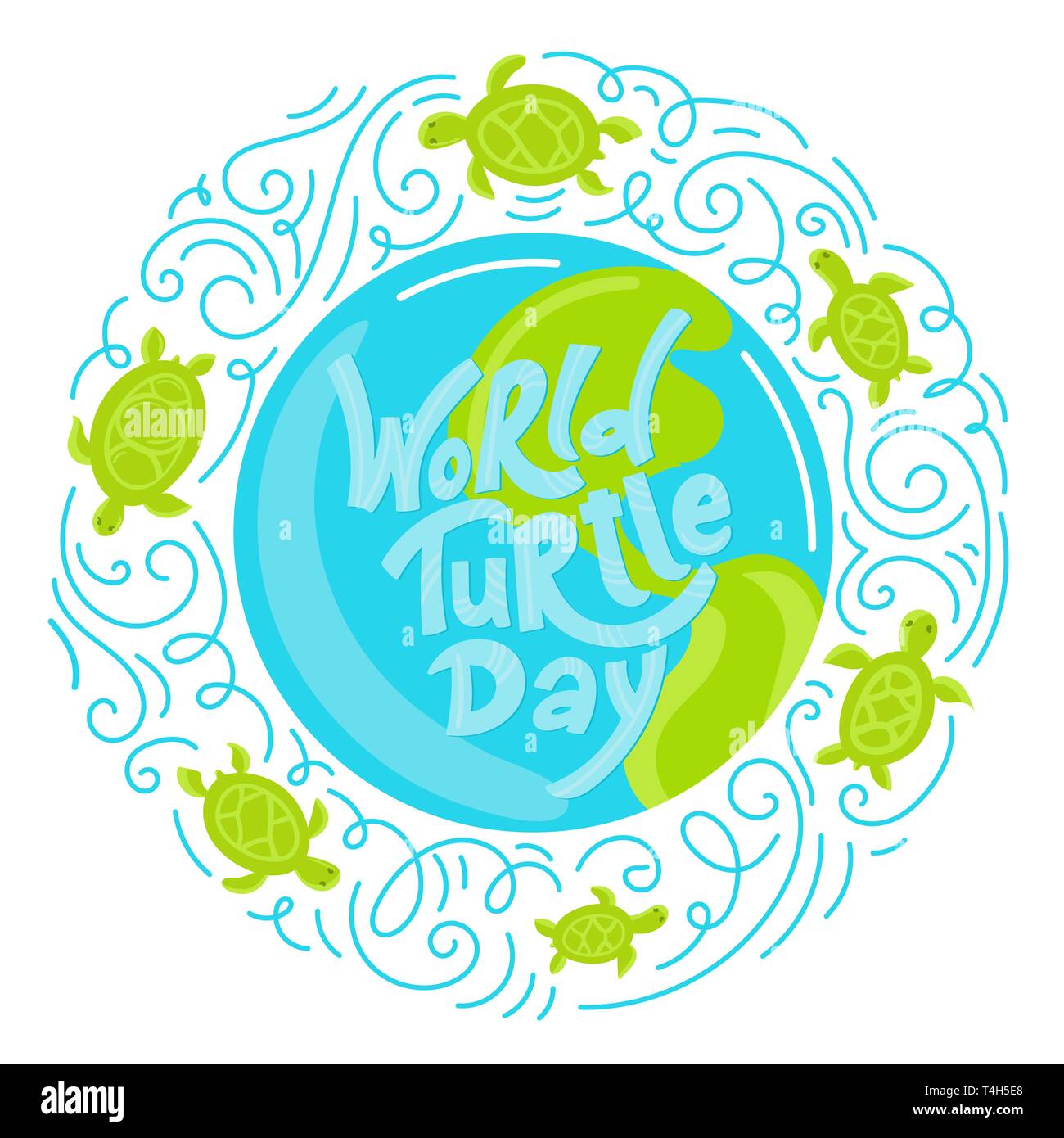 Welt Turtle Tag 23. Mai Hintergrund. Schriftzug mit Hand gezeichnete Elemente. Moderne doodle Stil. Vector Illustration. Stock Vektor