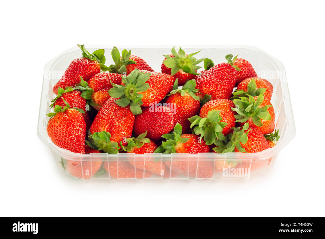 Kunststoff Korb mit frischen Erdbeeren auf einem weißen Hintergrund. Fragaria ananassa Stockfoto