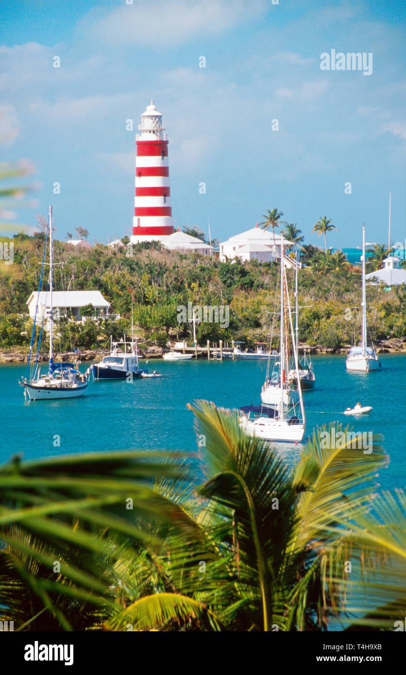 Bahamas, Bahama-Inseln, Atlantischer Ozean, Wasser, Westindien, Elbow Cay, Hope Town Harbor, Elbow Reef Lighthouse, Licht, Sicherheit, Führung, Seefahrt, buil Stockfoto