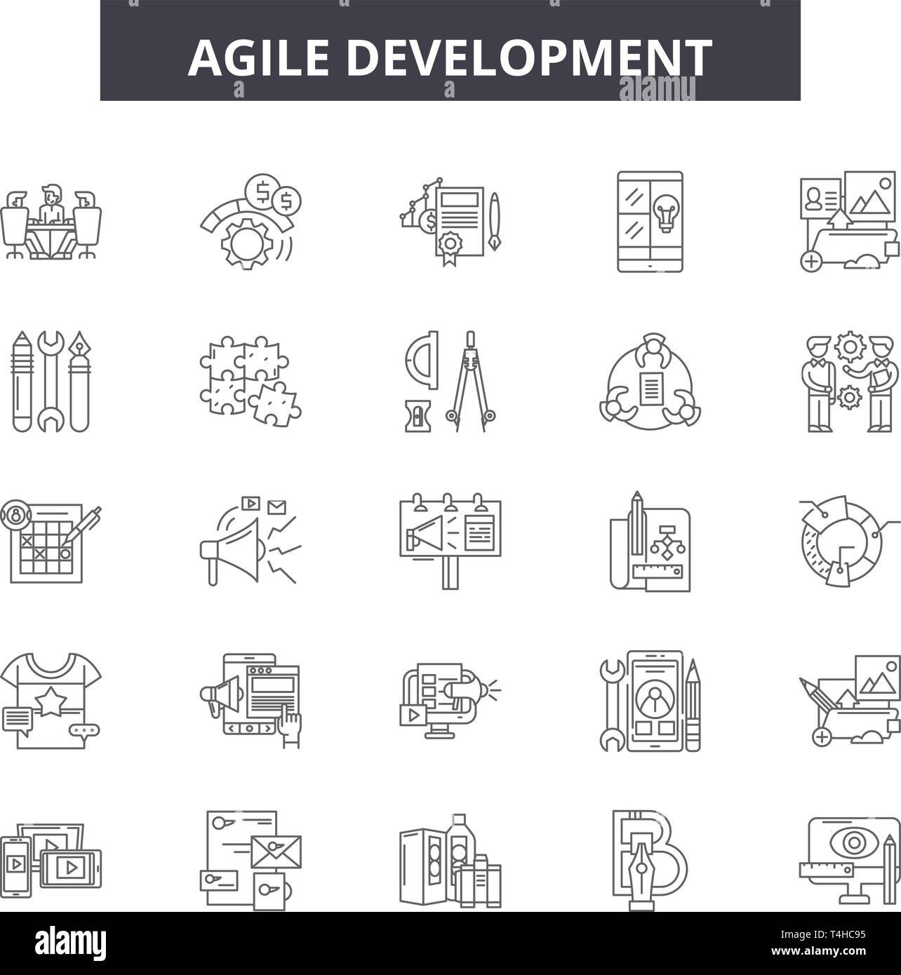 Agile Entwicklung Zeile für Symbole, Zeichen, Vektor. Agile Entwicklung Entwurfskonzept Abbildung: Agile, Entwicklung, Business, Scrum, Qualität, Software Stock Vektor