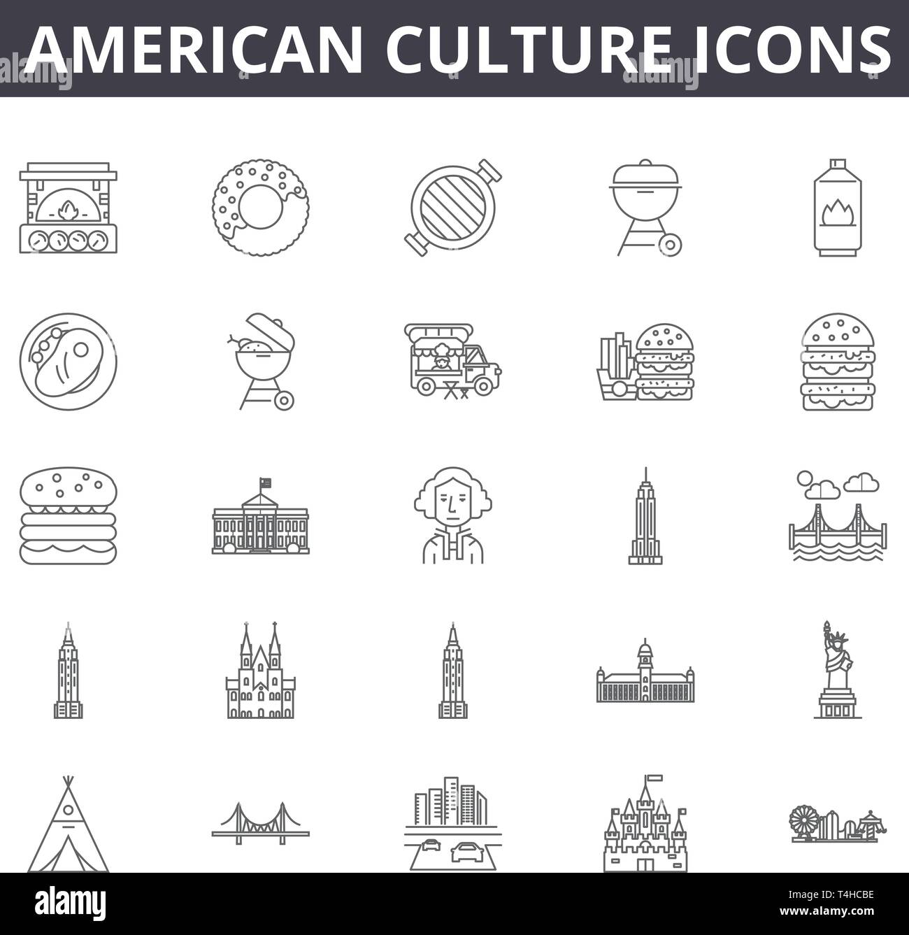 Die amerikanische Kultur Zeile für Symbole, Zeichen, Vektor. Die amerikanische Kultur Entwurfskonzept Abbildung: American, Kultur, Reisen, usa, isoliert Stock Vektor