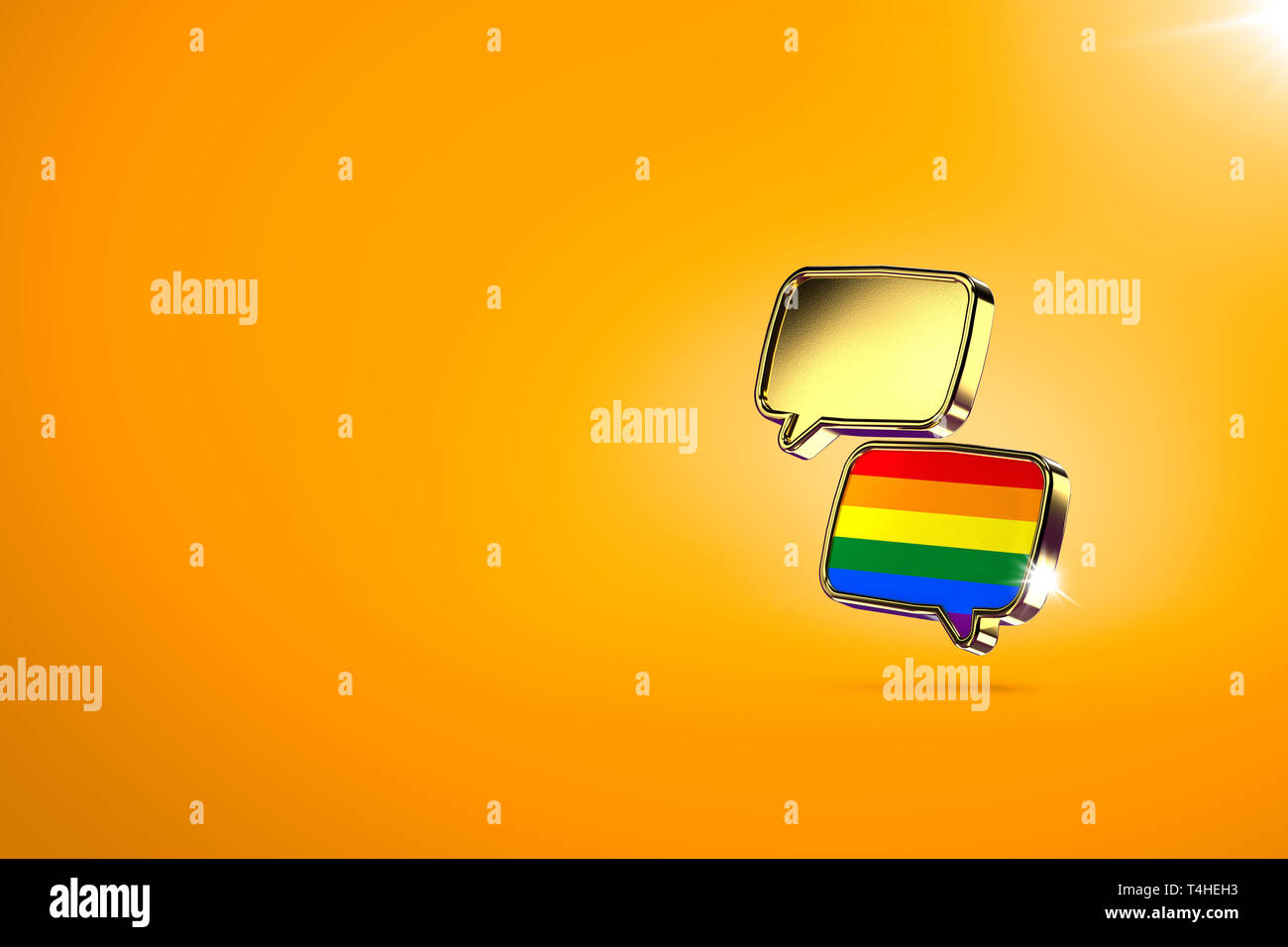 Zwei chat Wolken - eines mit Regenbogenfarben im Inneren. Dialog zwischen homosexuellen und heterosexuellen Menschen, Vereinbarungen und Frieden Konzept. Orange bac Stockfoto