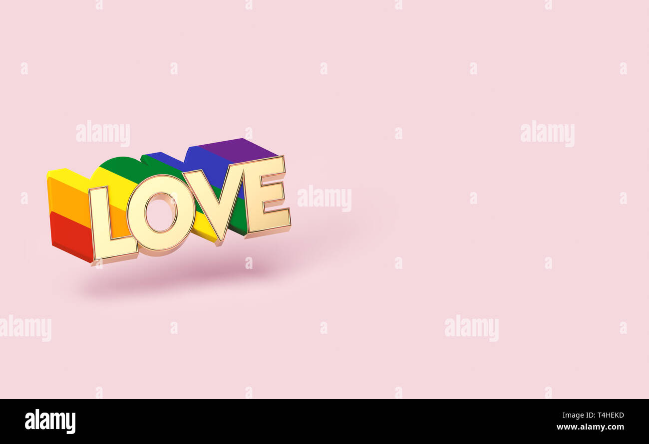 Golden liebe Wort Stift mit Rainbow skizzieren. LGBTQ Liebe Symbol Konzept. Auf Pastell rosa Hintergrund mit Kopie Raum isoliert. 3D-Rendering Stockfoto