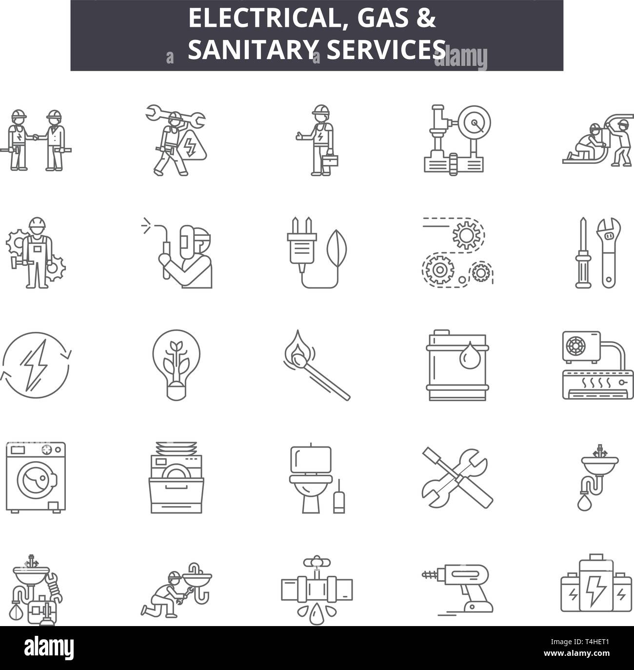 Elektrische Gas & Sanitär Dienstleistungen Zeile für Symbole, Zeichen, Vektor. Elektrische Gas & Sanitär Dienstleistungen Entwurfskonzept Abbildung: isoliert, Service, Fu Stock Vektor