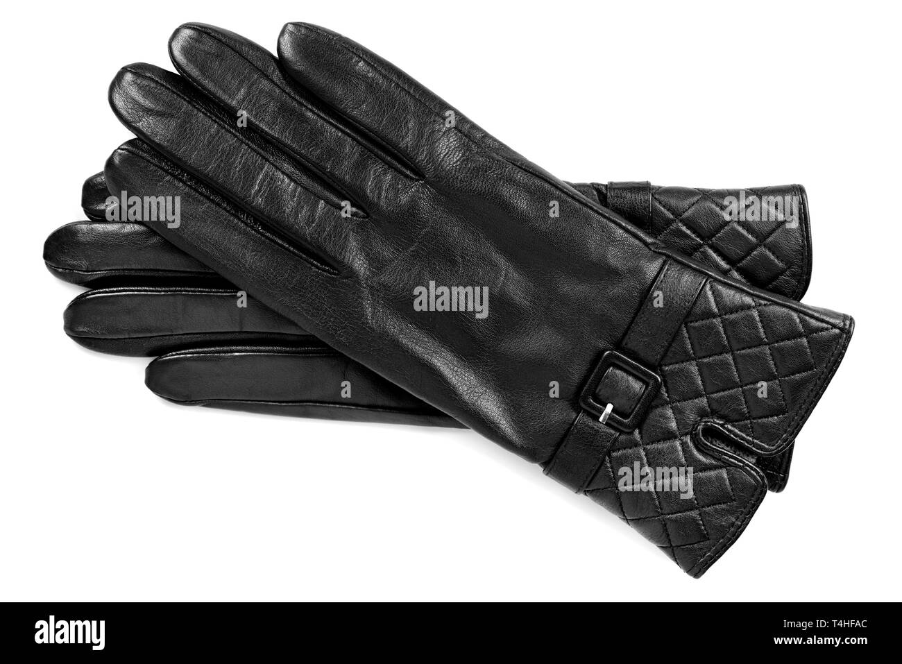 Handschuhe schwarz Leder Frauen isoliert auf weißem Stockfoto