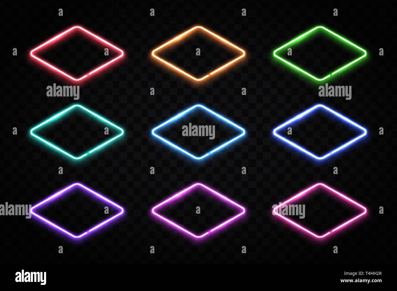 Neon geometrische Formen. Bunte rhombus frames Sammlung. Glänzend lozenge Logos. Flyer banner Infografiken Elemente Stock Vektor