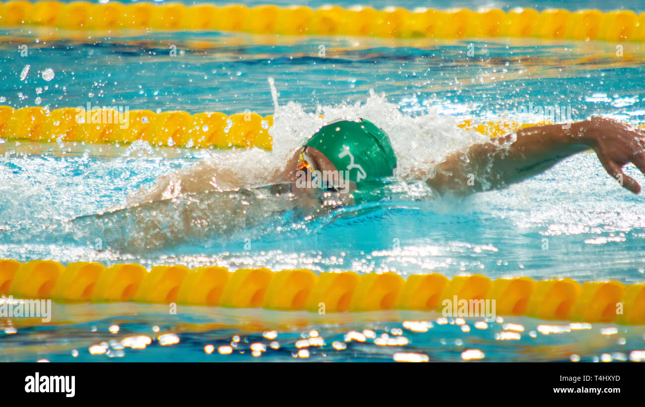 Daniel Jervis (Swansea University), die in Aktion während der Männer 400 Meter Freistil Finale, während Tag 1 der 2019 British Swimming Championships, in Tollcross International Swimming Center. Stockfoto