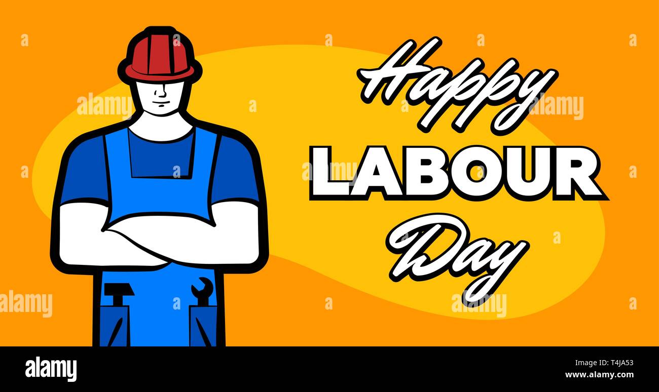 Arbeitnehmer Mann in roten Bau Helm und Aufschrift Happy Tag der Arbeit. 1. Mai Grußkarte. Vector Illustration für Poster, Banner, Werbung, Promotion, Fl Stock Vektor