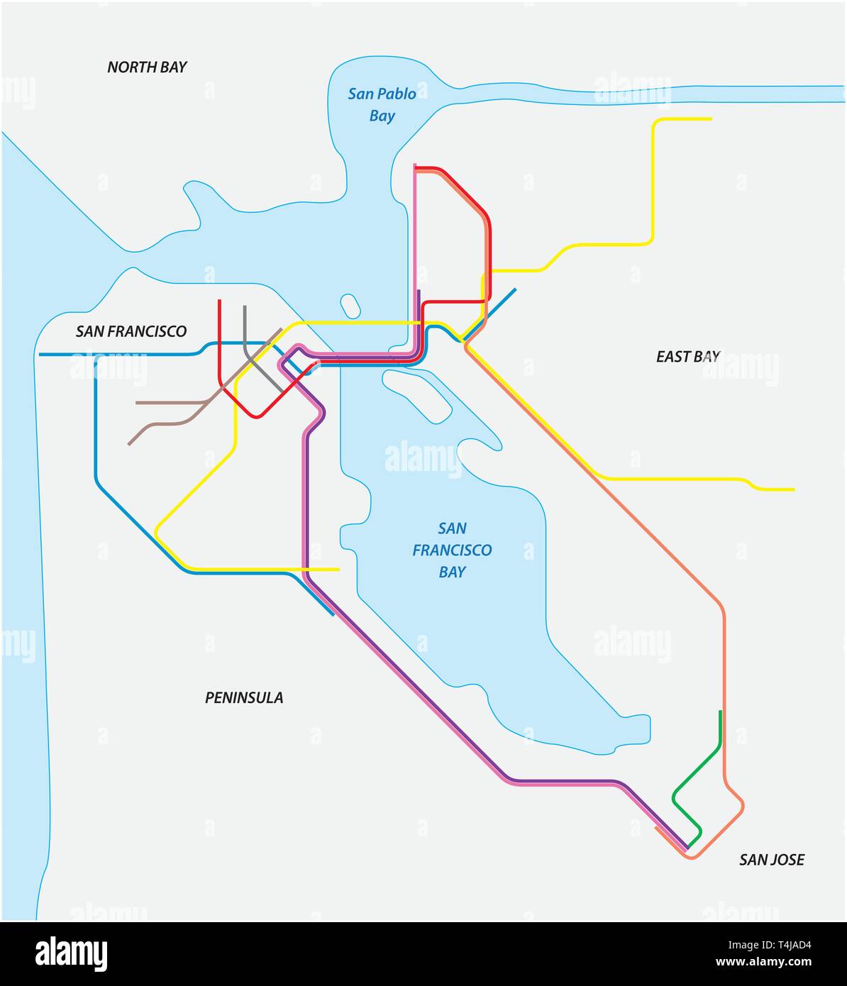 Metro Karte von San Francisco und die Bay Area in Kalifornien Stock Vektor