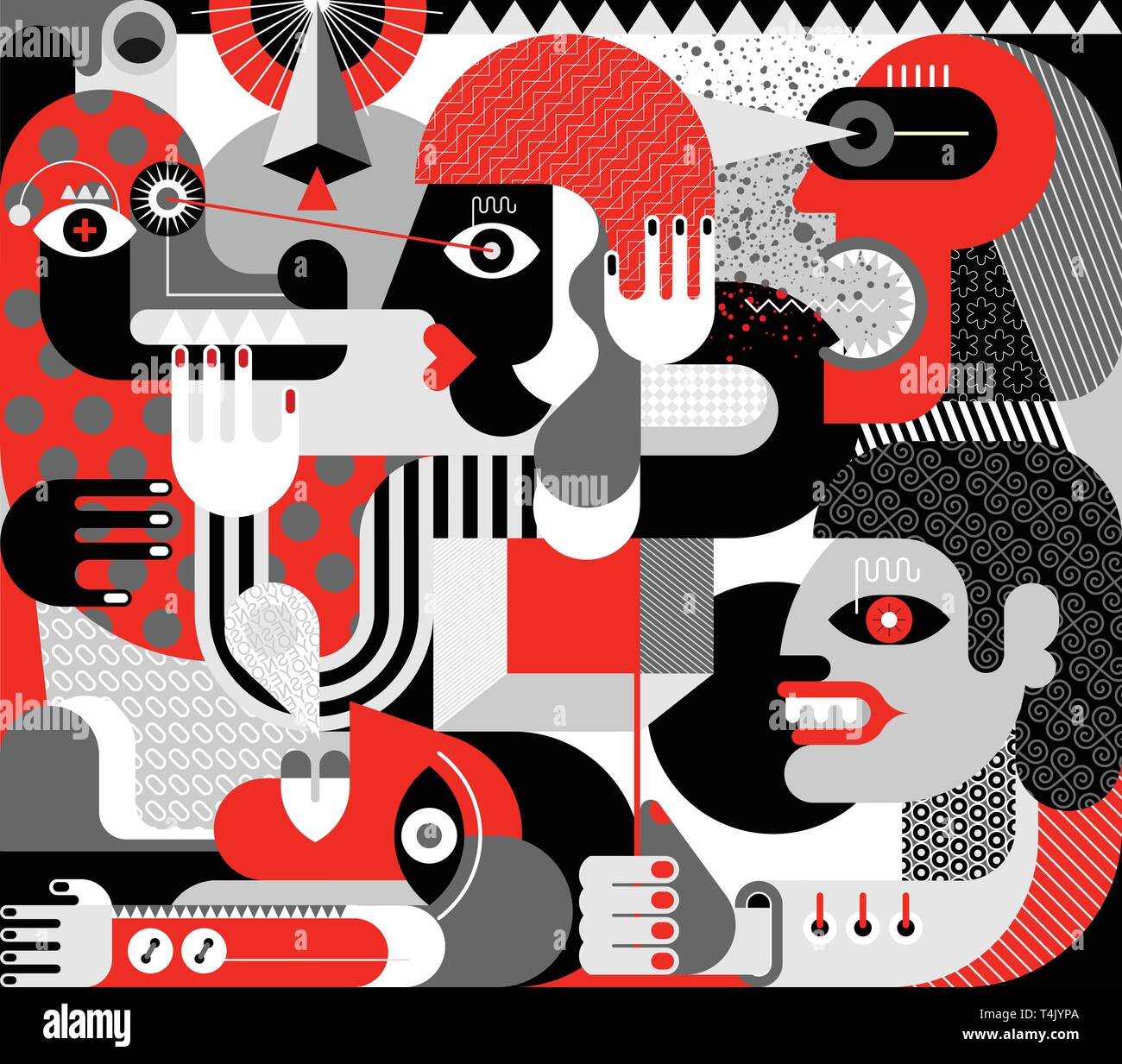 Menschen haben große Hund erschrocken. Farben Rot, Schwarz und Grau Vector Illustration. Frau streicheln ein böses Tier. Stock Vektor