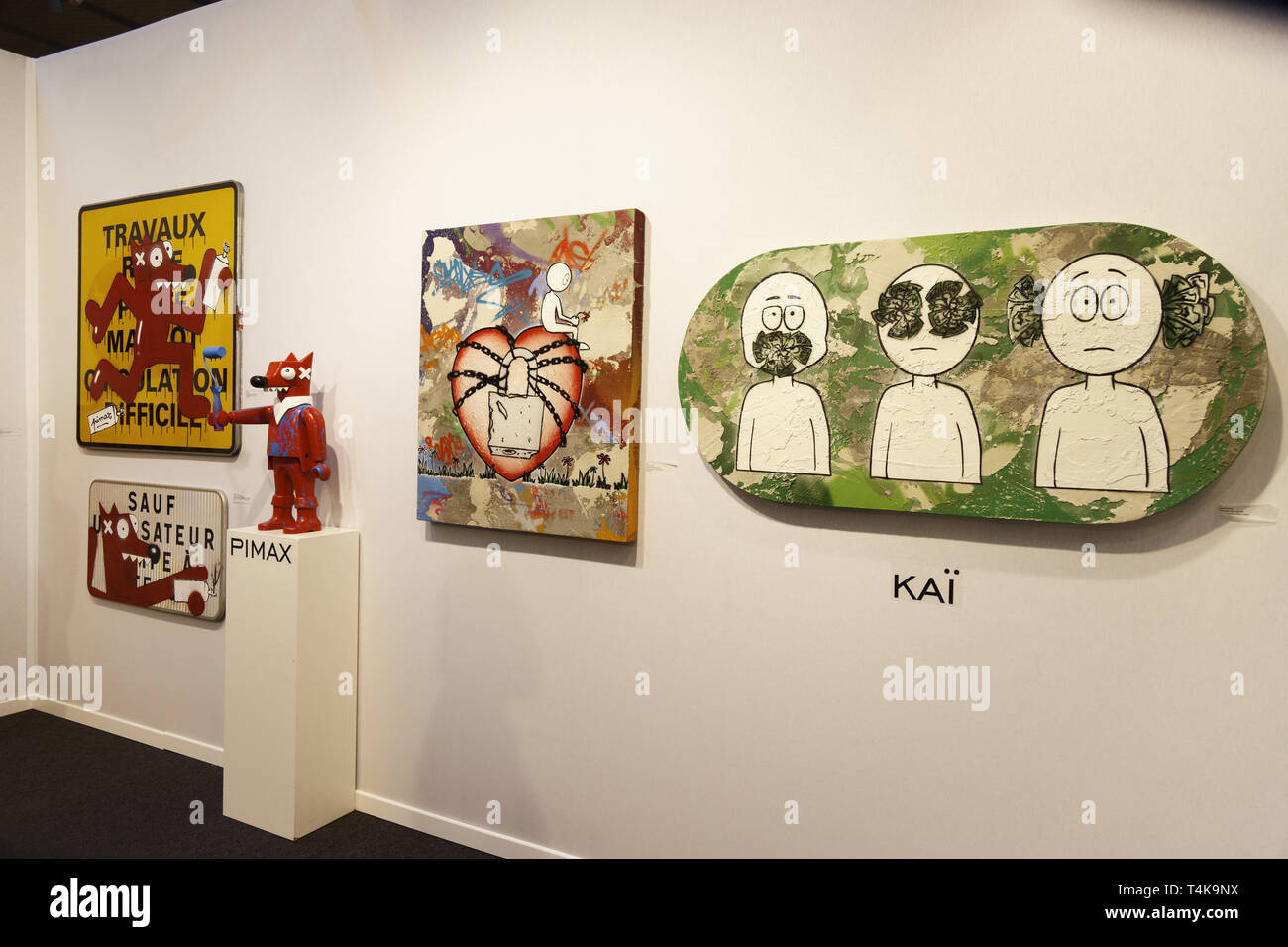 Paris, Frankreich, 11. April 2019. Kai und Pimax angezeigt im Urban Art Fair Paris Carreau du Temple von April 11 bis 14, 2019 in Paris, Frankreich Stockfoto