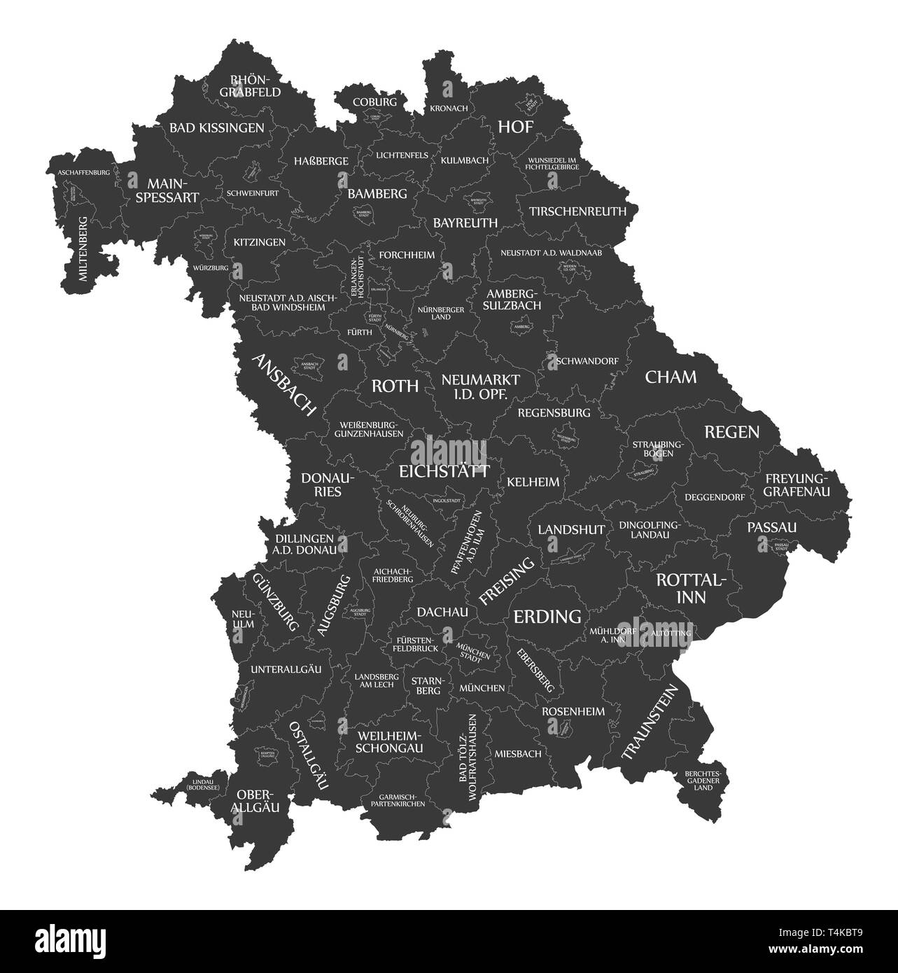 Moderne Karte Bayern Deutschlandkarte mit Landkreisen und Etiketten schwarz Stockfotografie
