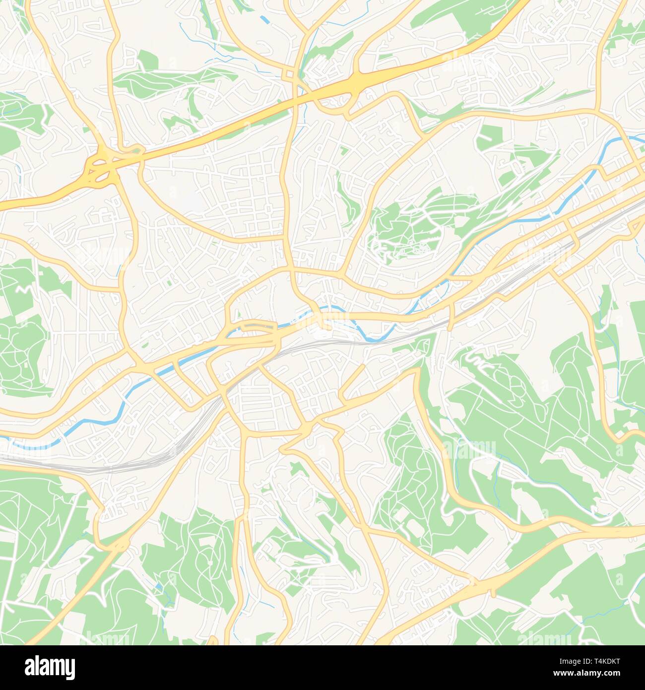 Druckbare Karte von Wuppertal, Deutschland mit Haupt und Nebenstraßen und größere Bahnen. Diese