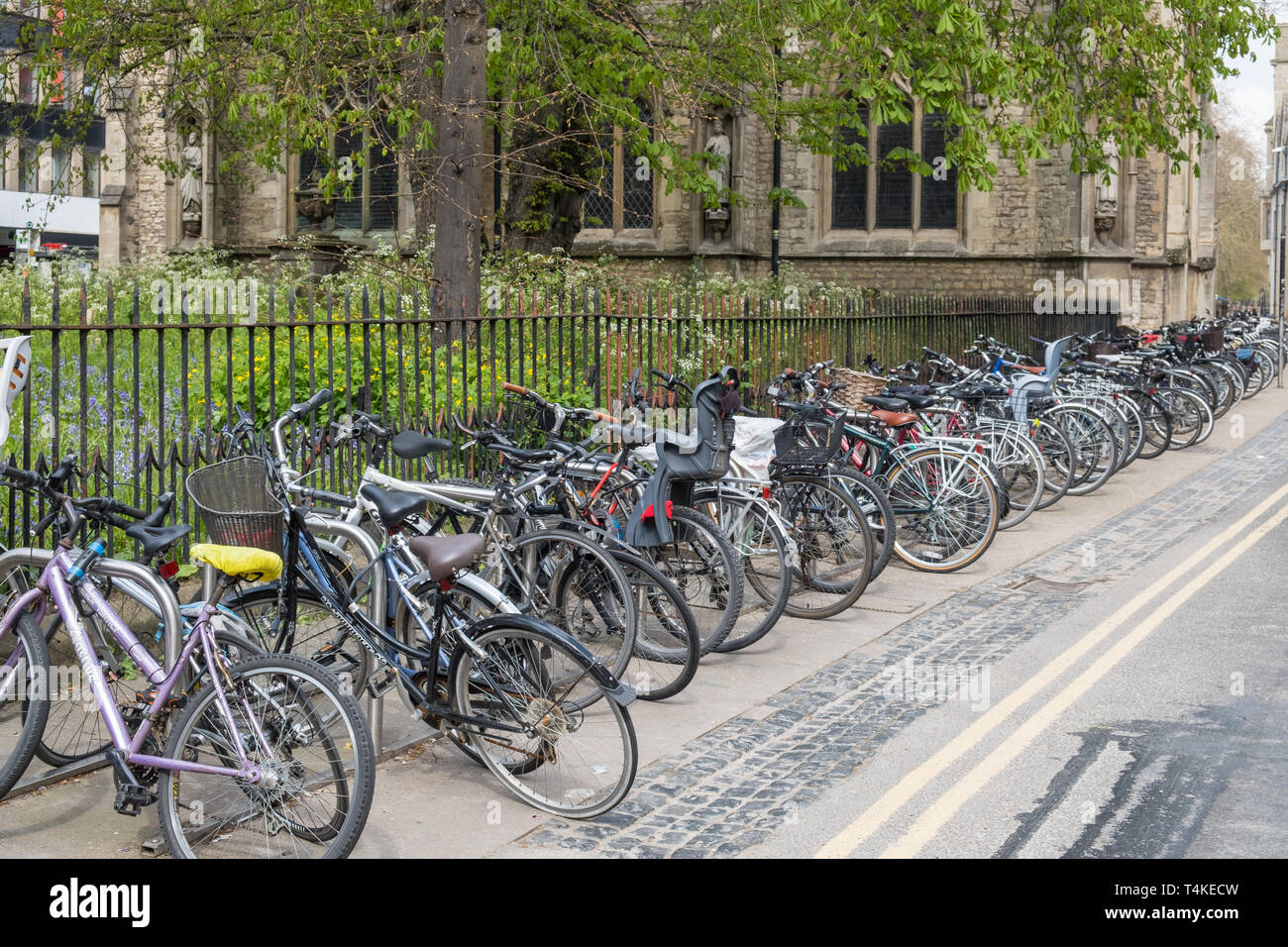 Lange Linie der Fahrräder durch Geländer in Magdalen Street East, Oxford, Großbritannien Stockfoto