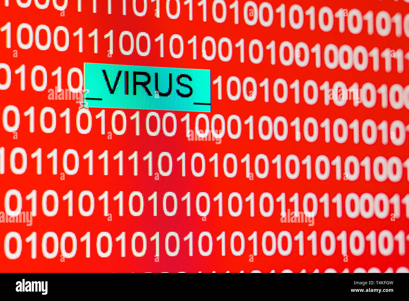 Der binäre Code auf einem roten Hintergrund von Nummern 0 und 1, Virus im System Stockfoto