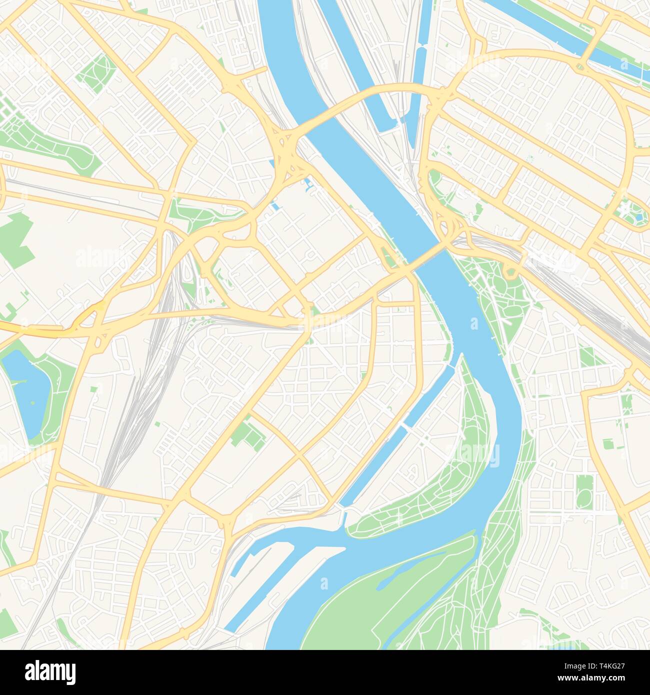 Druckbare Karte von Ludwigshafen am Rhein, Deutschland mit Haupt- und Nebenstraßen und größere Bahnen. Diese Karte ist sorgfältig für Routing und Plac konzipiert Stock Vektor