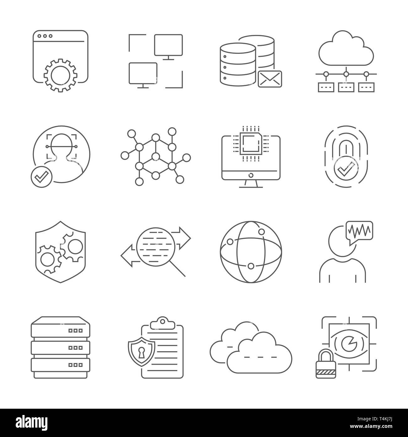 Netzwerktechnologie, Gesichtserkennung, internet Schutz, Cloud Service, Server, Daten. Vector Icons einstellen. Editierbare Schlaganfall. EPS 10. Stock Vektor
