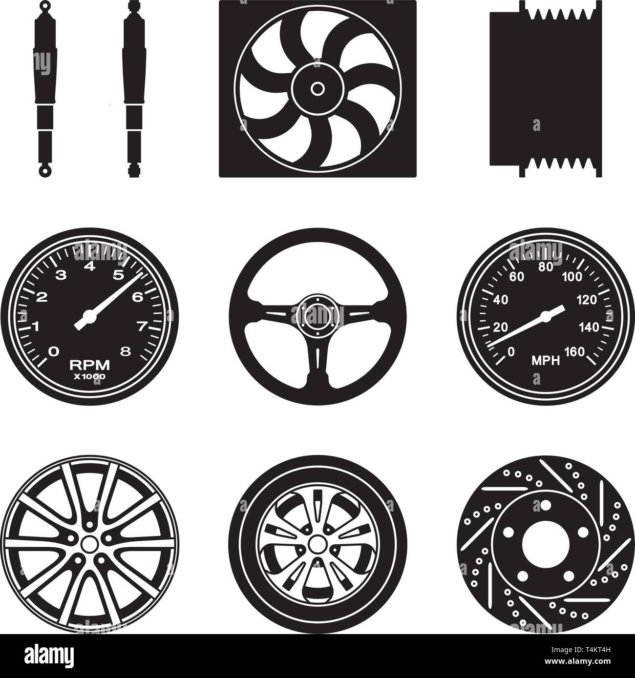 Verschiedene Arten von Auto Teile. Ersatzteile. Silhouette Vector Icons Stock Vektor