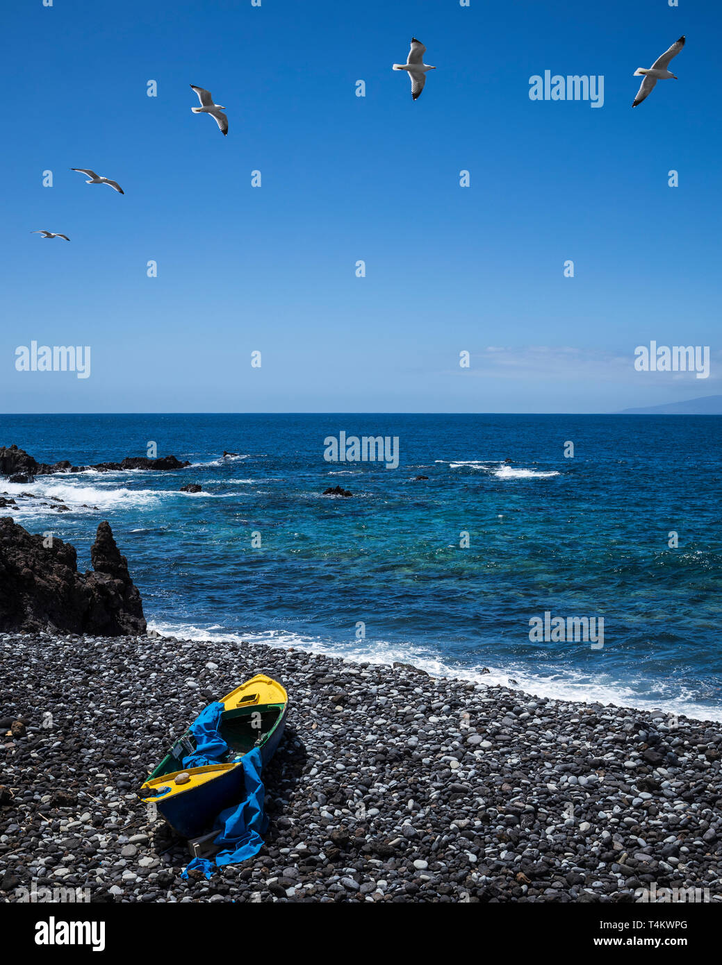 Alten hölzernen Ruderboot auf einem steinigen Strand in einer Bucht bei Fonsalia, mit Möwen fliegen Overhead, Playa San Juan, Teneriffa, Kanarische Inseln, Spanien Stockfoto