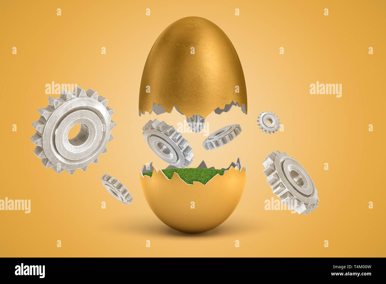 3D-Rendering von Gold Ei in zwei Risse, untere Hälfte mit grünem Gras innen, obere Hälfte in der Luft, mit mehreren Zahnrädern um schwebend. Stockfoto