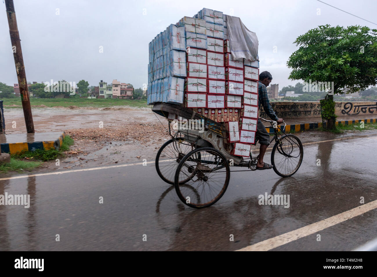 Indische Cycle rickshaw Transport schwerer Güter unter starker Regen, Agra, Uttar Pradesh, Indien Stockfoto