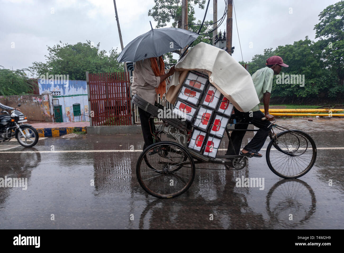 Indische Cycle rickshaw Transport schwerer Güter in einer regnerischen Tag, Uttar Pradesh, Indien Stockfoto