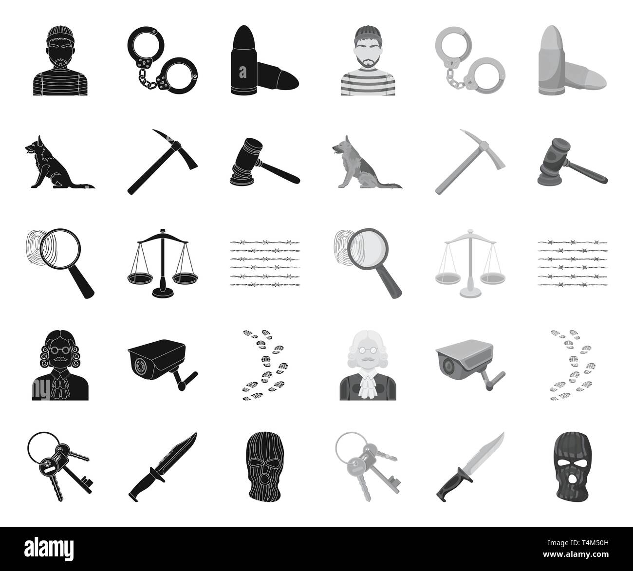 Arrestant, Attribute, ax, Stacheldraht, schwarz. mono, Bullet, Bündel, Kamera, Sammlung, Kriminalität, Strafrecht, Entbehrungen, Design, Hund, Finger, Fingerabdruck, Blumen, Hammer, Handschellen, Hut, Icon, Illustration, Haft, gehören, isoliert, Richter, Gerechtigkeit, Messer, Recht, Lupe, Maske, Patron, Spitzhacke, Gefängnis, Gefangenen, Bestrafung, Puzzle, Waagen, Set, Hirte, Zeichen, Symbol, Schwanz, Zunge, Rankgitter, Vector, Video, Waffe, Perücke, Kabel Vektor Vektoren, Stock Vektor