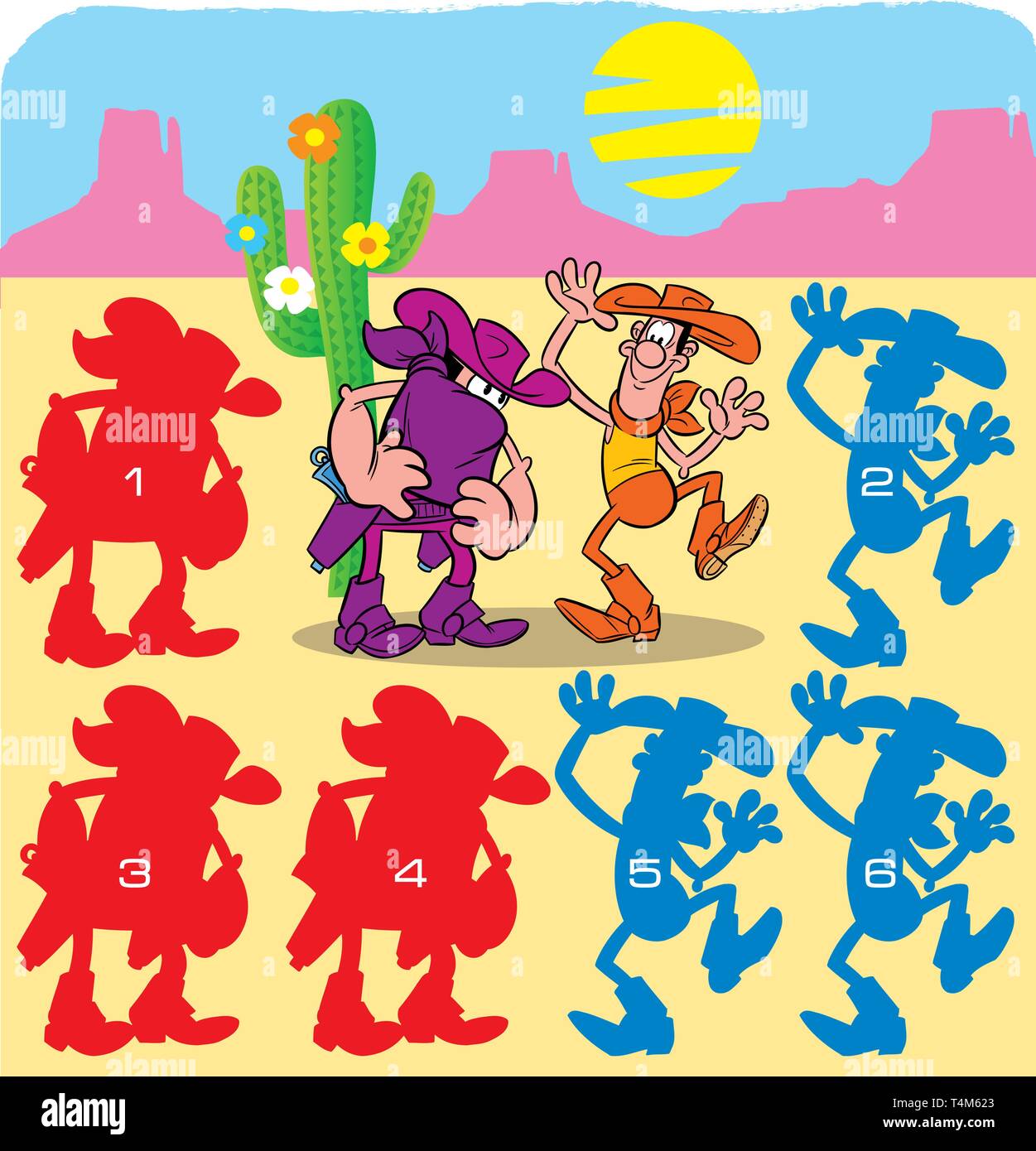 In Vector Illustration Puzzle mit cartoon Cowboys, wo Sie benötigen die richtige Silhouette zu finden Stock Vektor