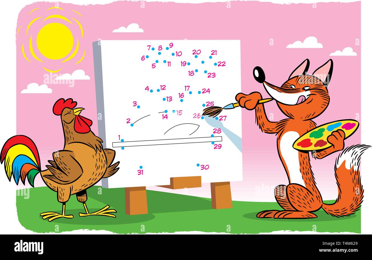 In der Vector Illustration puzzle Sly Fox zeichnet ein Porträt der Hahn, in Form von Nahrung. Zu lösen, die Notwendigkeit, die Punkte in der richtigen ord zu verbinden Stock Vektor
