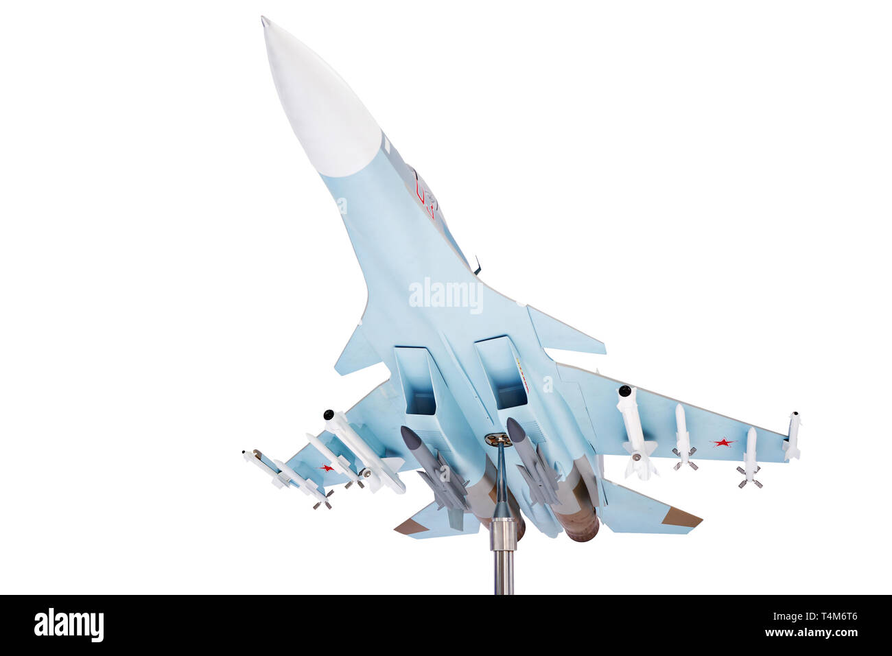 Moderne russische Kampfflugzeuge in der Ausstellung isoliert weißer Stockfoto