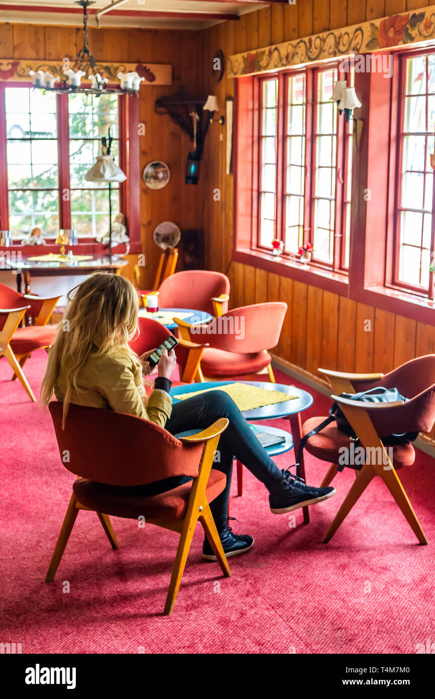 Junge Frau sitzt in einem Cafe mit einem Smartphone Stockfoto