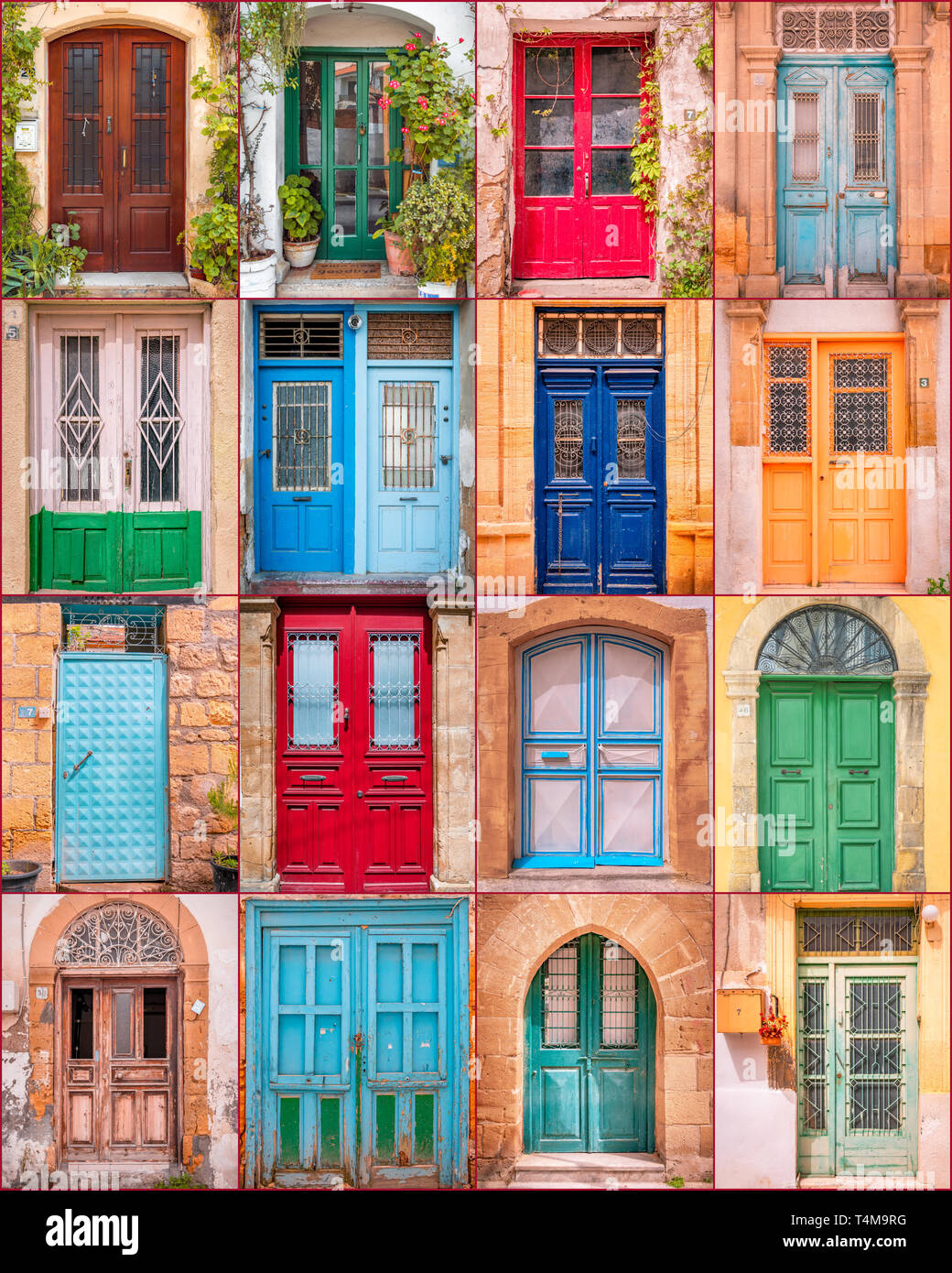 Collage aus Holz-, farbenfroh und antic Türen von Nikosia, Zypern Stockfoto