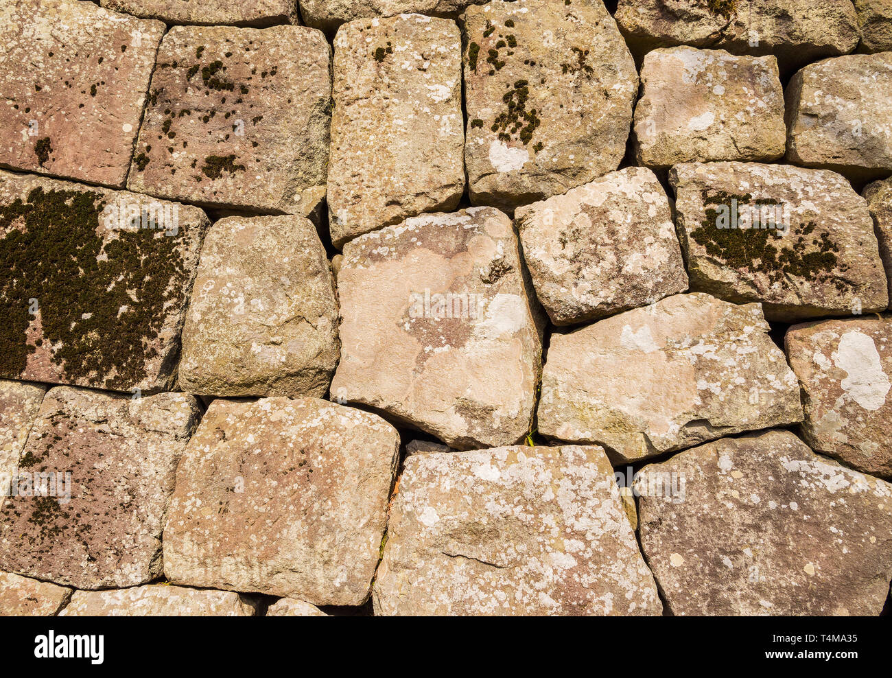 Alte japanische stein Wand aus Felsen mit Flechten und Schlitze als Hintergrund Stockfoto