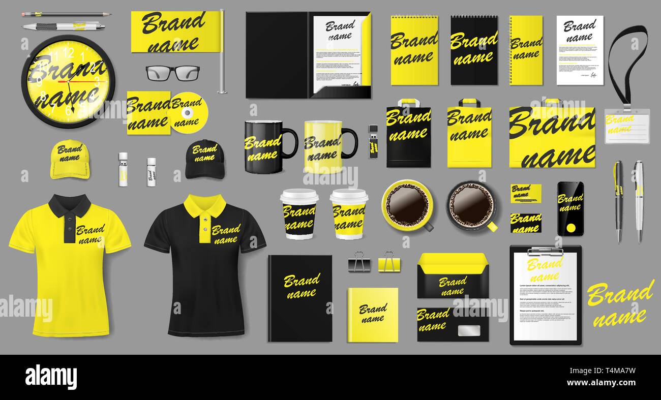Corporate identity Template Design. Branding gelb und schwarz Geschäftsdrucksachen Mockup für Shop. Schreibwaren und einheitliche, Paket für Ihre Marke Stock Vektor