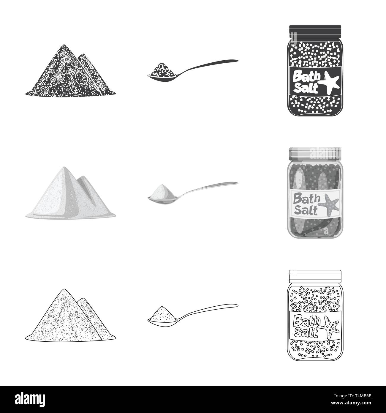 Heap, Löffel, Flaschen, salzig, Hügel, Handvoll, Badewanne, Gewürze, Spa, Pulver, Vintage, weiß, Streuen, Getreide, Mehl, Berg, Restaurant, sauber, Kochen, Meer, Natur, Backen, Salz, Nahrungsmittel-, Natrium-, Mineral, Raw, Küche, Set, Vector, Icon, Illustration, isoliert, Sammlung, Design, Element, Grafik, Zeichen, Vektor, Vektoren, Stock Vektor