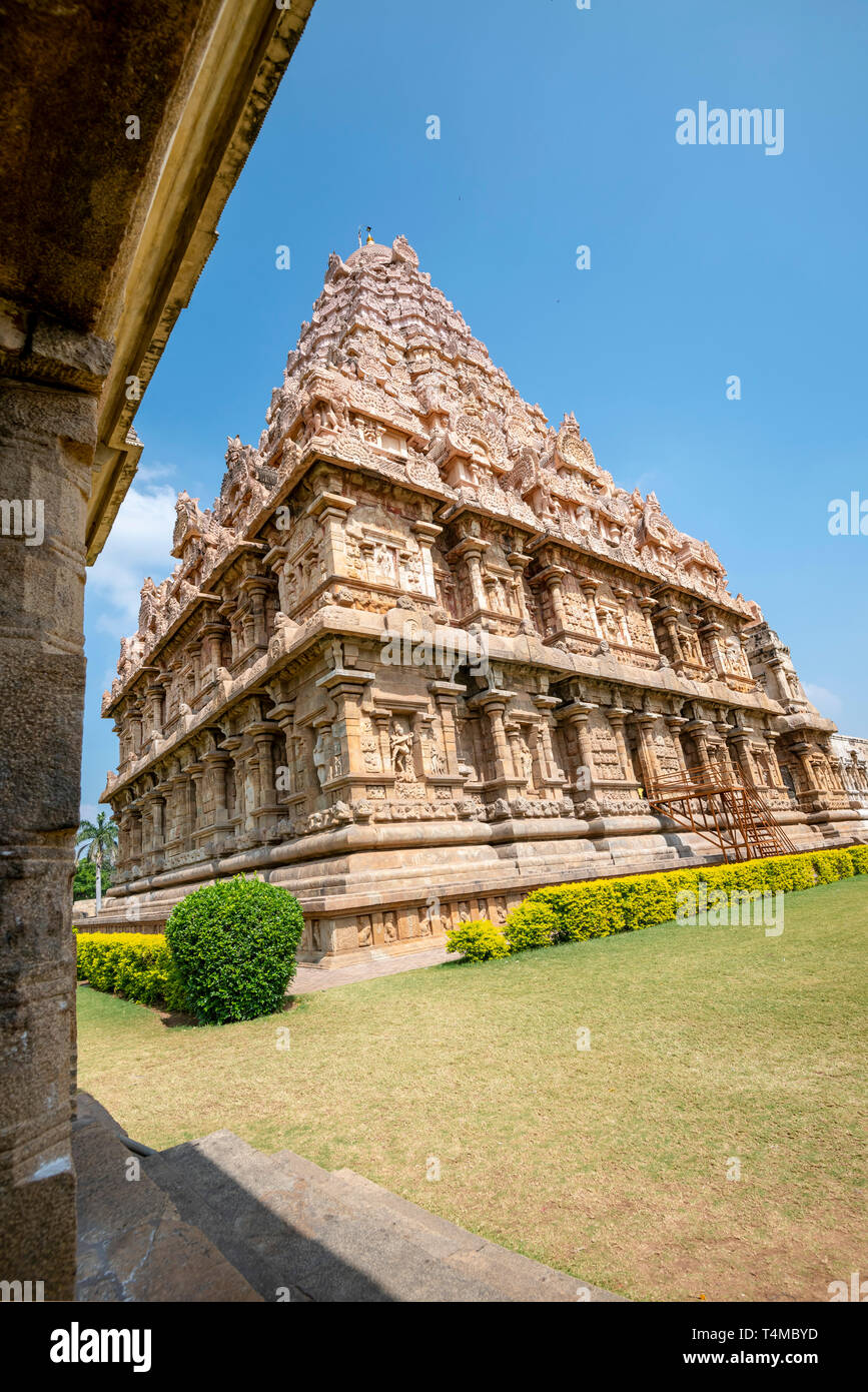 Vertikale Ansicht des Gangaikonda Cholapuram Tempel in Gangaikonda Cholapuram, Indien. Stockfoto