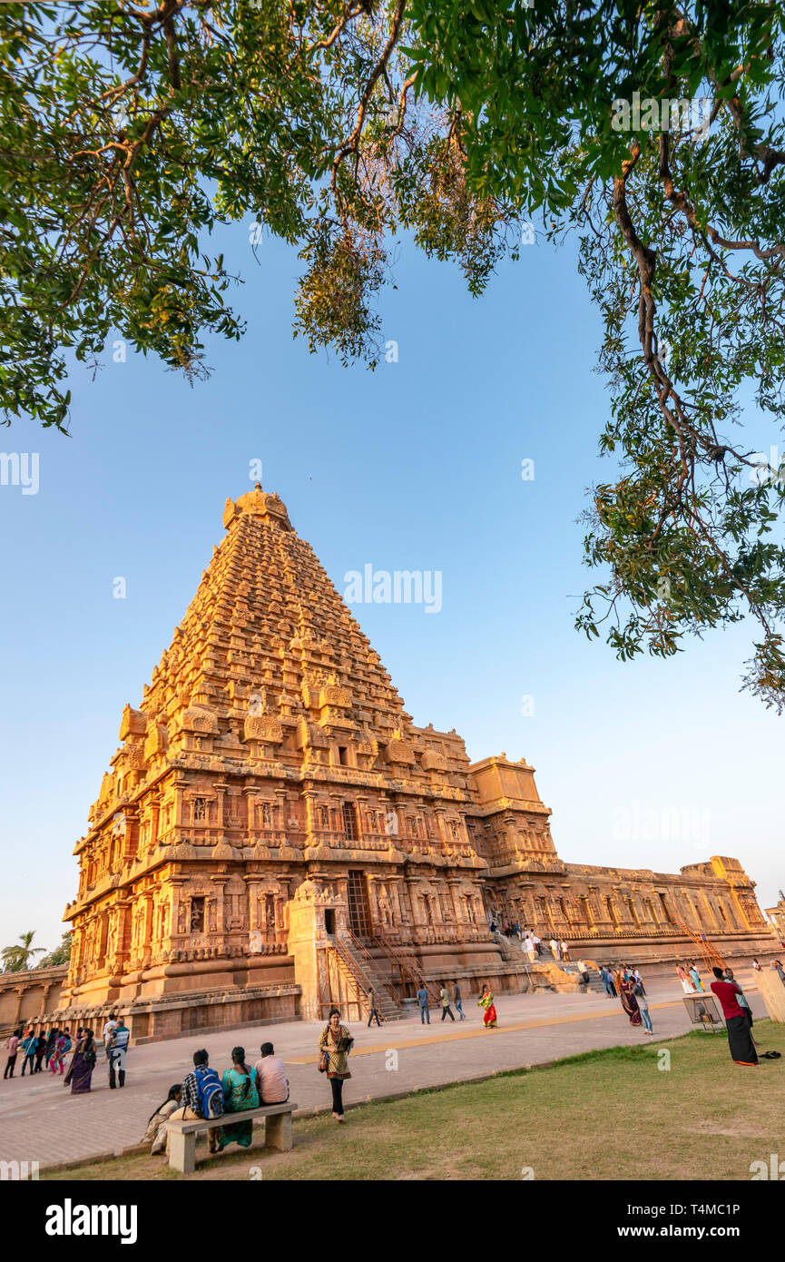 Vertikale Ansicht des Brihadishvara Tempel in Thanjavur, Indien. Stockfoto