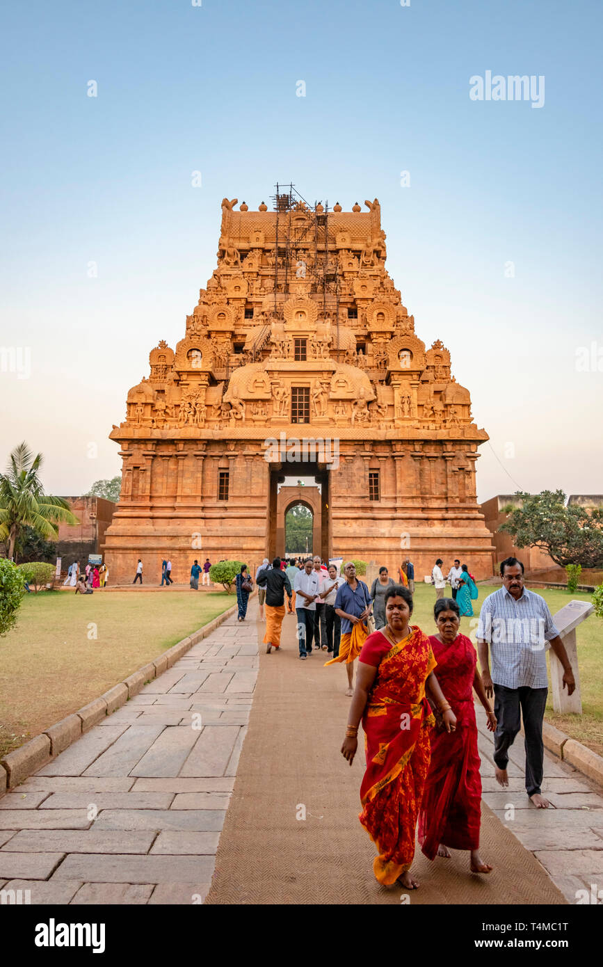 Vertikale Ansicht des Brihadishvara Tempel in Thanjavur, Indien. Stockfoto
