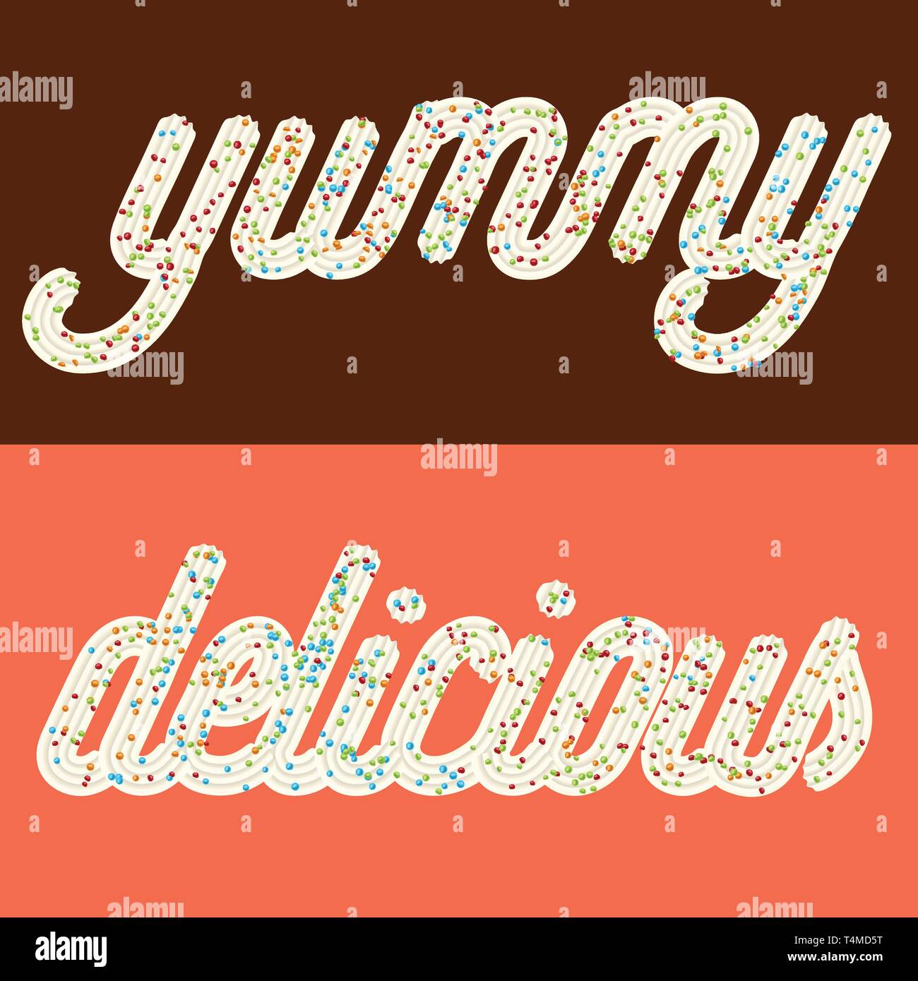 Verlockende Typografie. Vereisung Text. Worte 'delicious' und 'lecker' von Schlagsahne verglast mit Süßigkeit. Vektor Stock Vektor