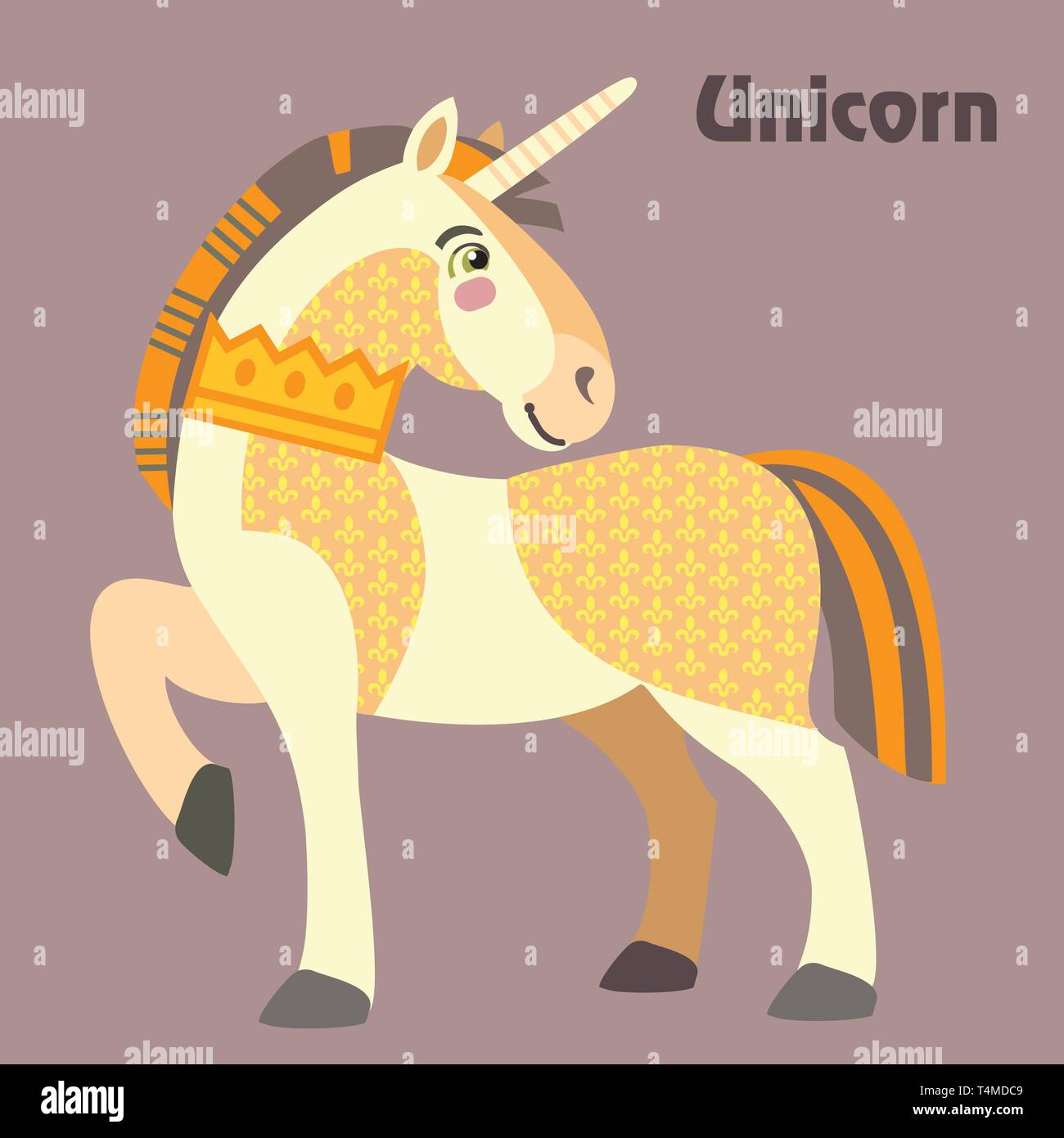 Bunt dekorativ Umrisse stehen im Profil Einhorn mit Krone auf dem Hals. Vektor cartoon Flachbild Abbildung in verschiedenen Farben mit nahtloser Pat Stock Vektor