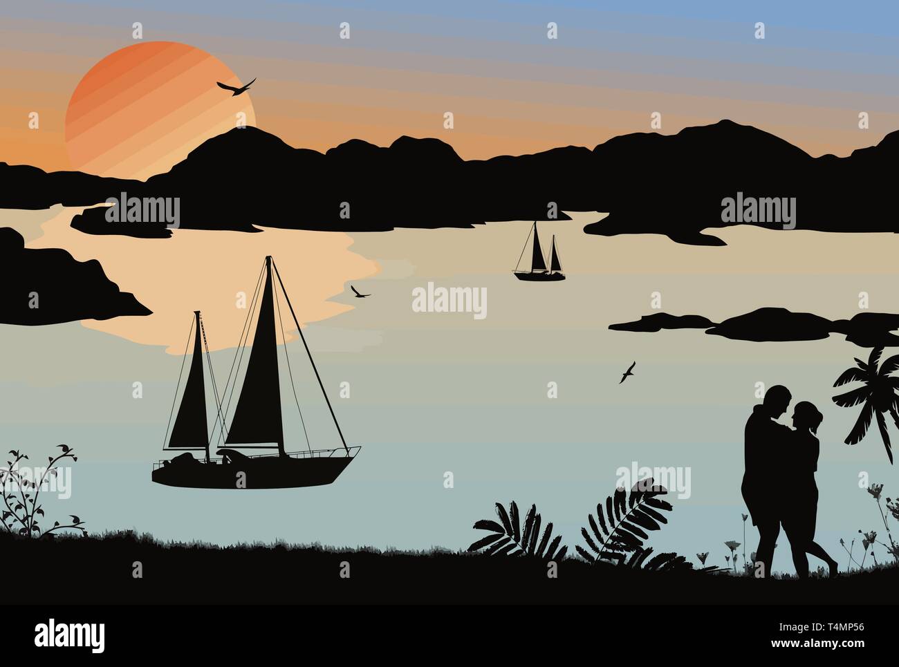 Silhouette von ein paar und Schiffe auf dem Meer auf den wunderschönen Sonnenuntergang, Vector Illustration Stock Vektor