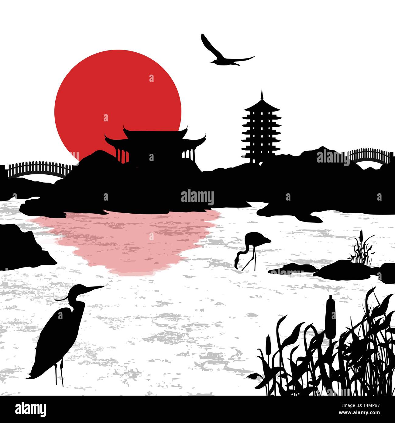 Schöne asiatische Landschaft in der Nähe von Wasser Hintergrund, Vector Illustration Stock Vektor
