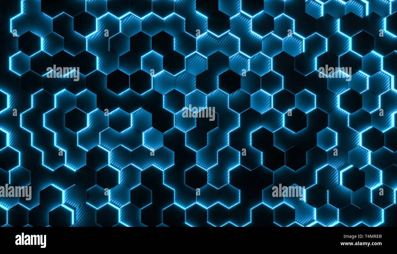 Hintergrund mit geometrischen sechseckige Geometrien in Carbon und mit glänzenden Teile. 3D-Bild gerendert, Konzept der moderne und futuristische Struktur. Stockfoto