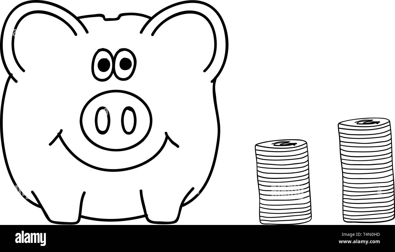 Sparschwein und Münzen. Doodle Vektor Stock Vektor