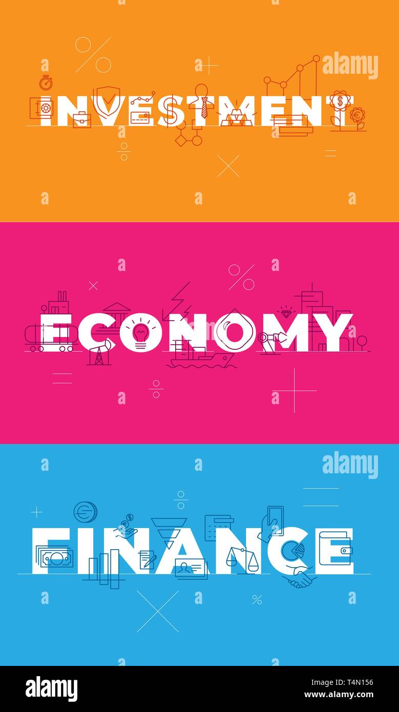 Finanzierung von Investitionen der Wirtschaft auf blau orange rosa Hintergrund. Konzeptionelle Visualisierung Worte. Überblick Vector Icons einstellen. Financial Management Zahlung anmelden Stock Vektor