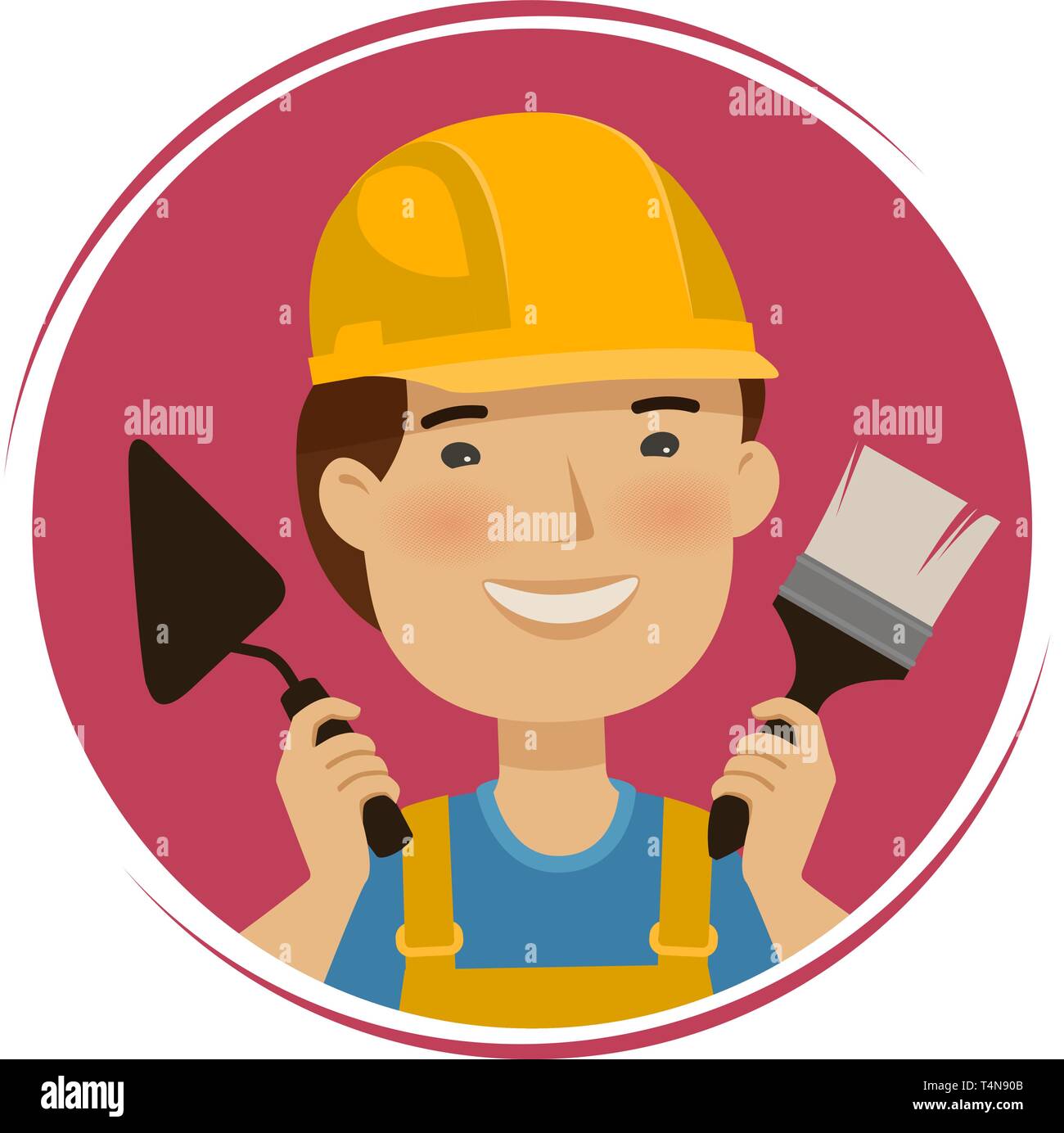 Reparatur, Gebäude Logo. Happy Builder mit Werkzeuge in seinen Händen. Cartoon Vector Illustration Stock Vektor